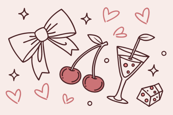 Cute Bow Illustrations with Cherry Motif Graphics